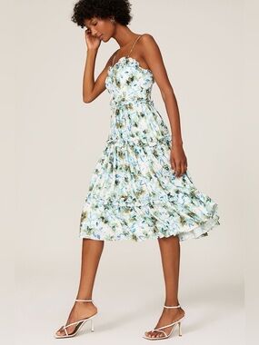 Badgley Mischka Blue & White Floral Ruffle Trim Midi Dress Sz: 4